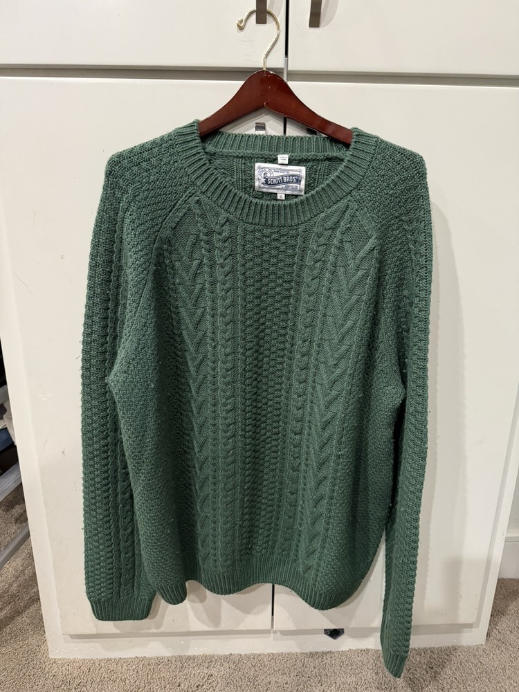 Brand New NWT Schott NYC Stonewash Cotton Cable Knit Sweater In Olive Size Large