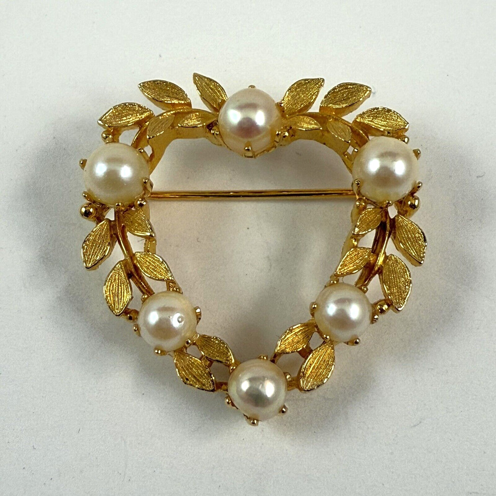 Vintage LISNER Signed Faux Pearl Heart Gold Tone Leaf Brooch