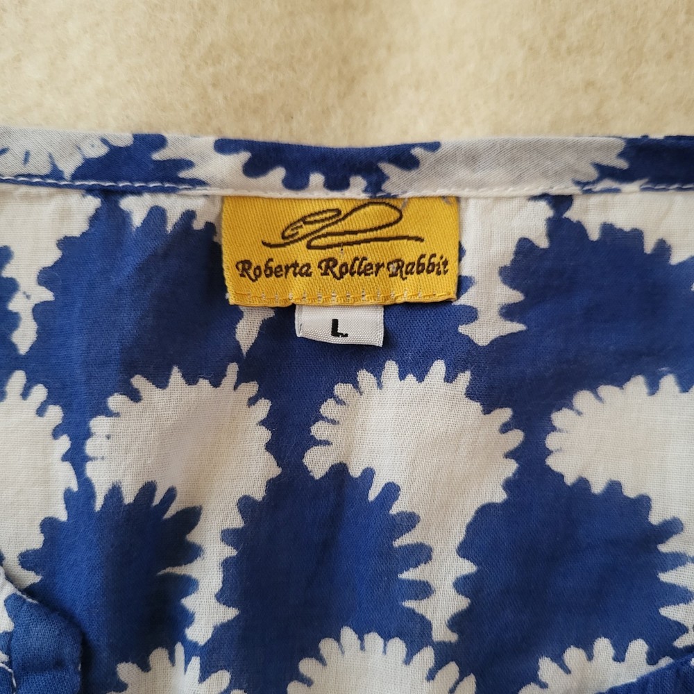 Roberta Roller Rabbit Long-sleeved Tunic Top Women's Size L Blue & White Cotton
