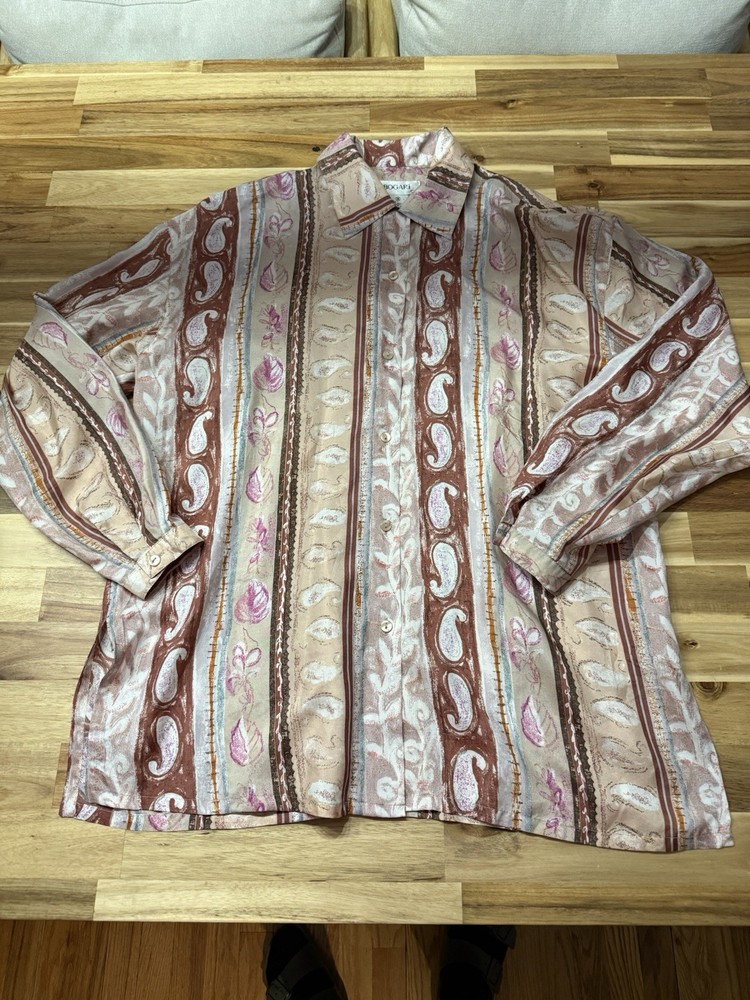 Vintage Bogari 100% Silk Shirt Womens  size M Abstract Paisley Button Up