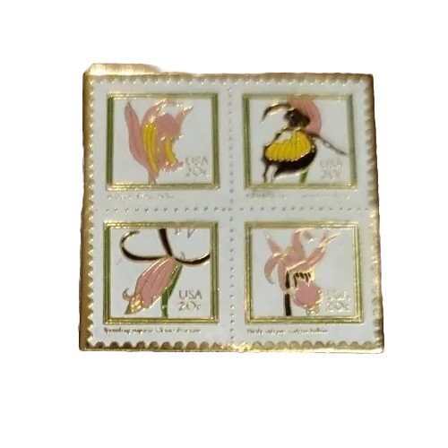 1984 USPS Orchid Flower 20 Cent USA Stamp 4 Floral Stamps Gold Tone Enamel Pin
