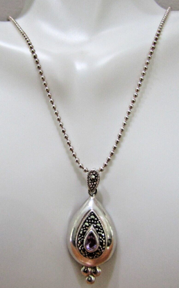 Vintage Sterling Silver Amethyst Marcasite Pendant Ball Bead Chain Necklace 18