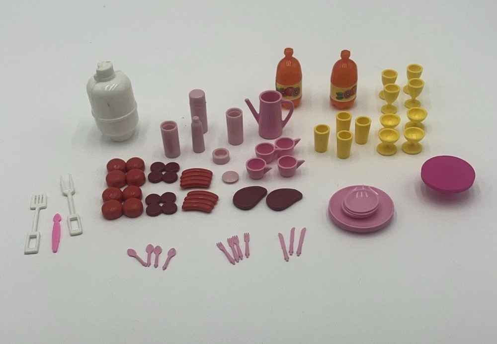 Vintage BARBIE Accessories Lot Bbq Food & Kitchen Items Utensils Plates Orange
