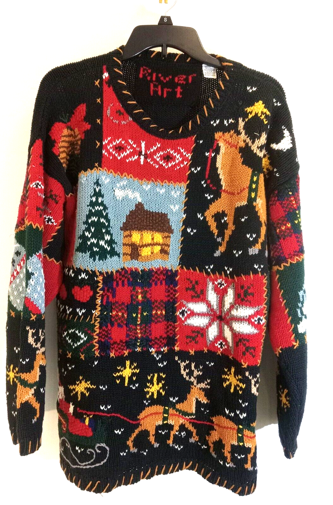 River Art Sweater X-Mas Theme Womens Size M Multicolor Cottagecore Winter