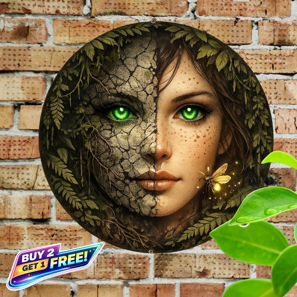 Mystical Female Visage 8x8 Round Tin Sign Nature Theme Aluminum Wall Art