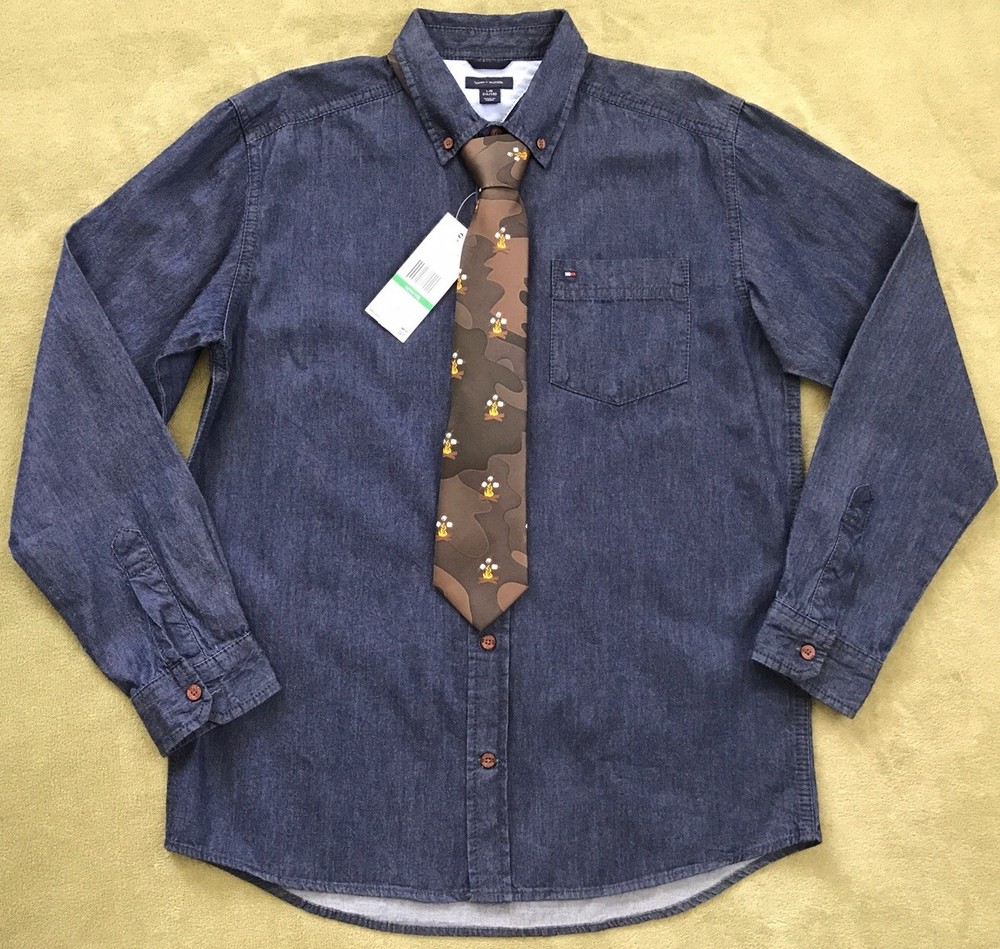 NWT Tommy Hilfiger Youth Boy's LG 2 pc Long Sleeve Denim Shirt w/ Tie Blue 16/18