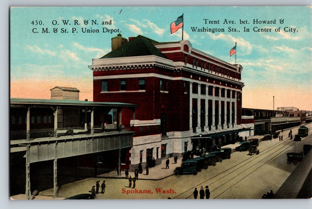 OWR&N & CM&STP Union Depot Train Station Old Cars Spokane WA C1910 Postcard