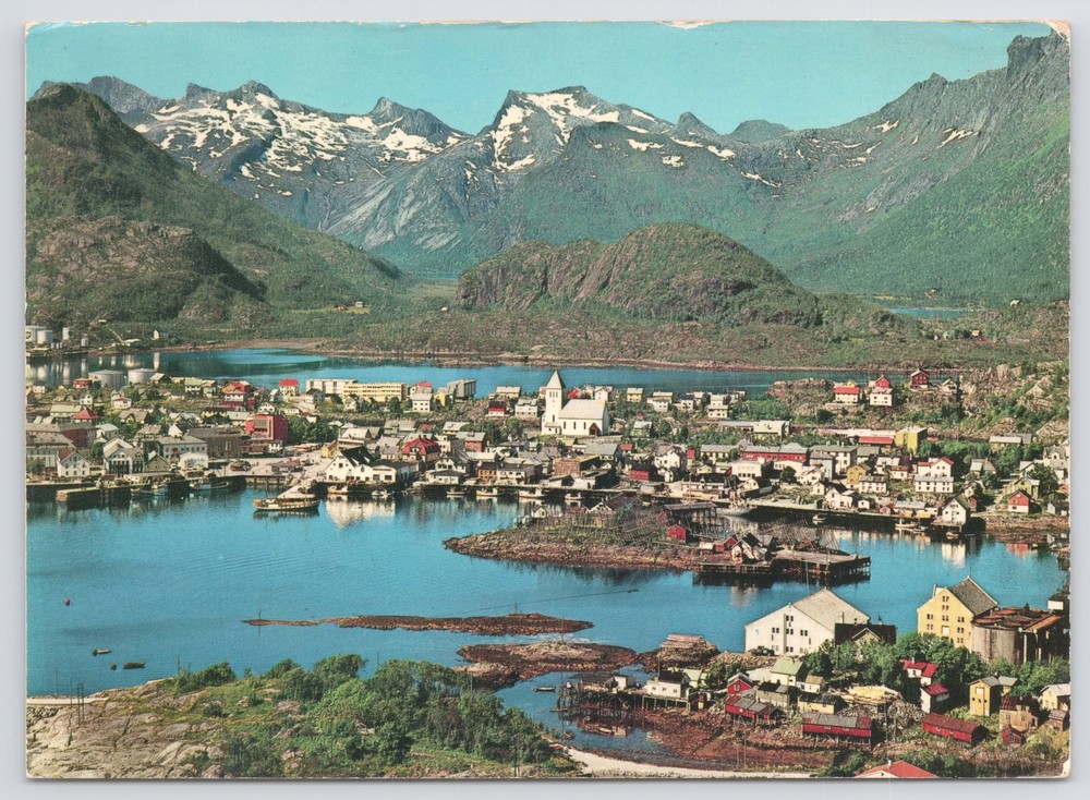 Foreign~Air View Of The Town W/ Church~Svolvaer Norway~Continental Postcard