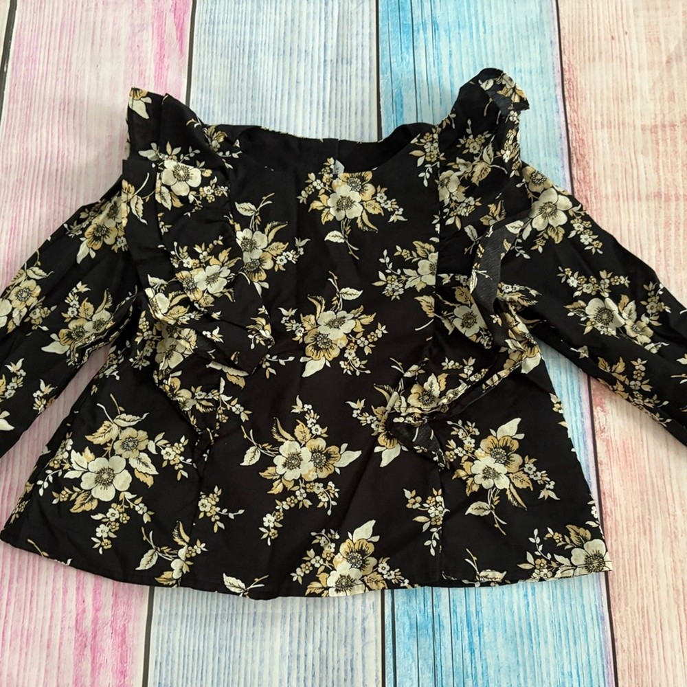Janie and Jack Girls Size 6 Black & Beige Floral Top