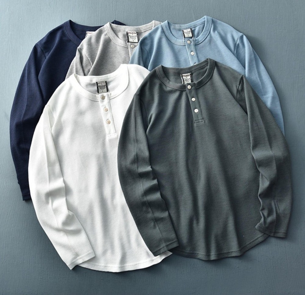 Waffle Vintage Henley Neck T-Shirt Men Long Sleeve Solid Color Round Neck Top