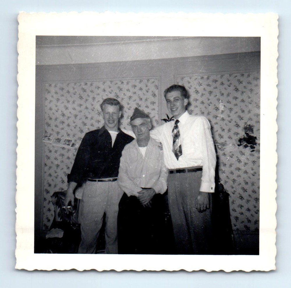 Old Vintage Square Photo TRIO MEN IN LIVING ROOM TACKY WALLPAPER SNAPSHOT