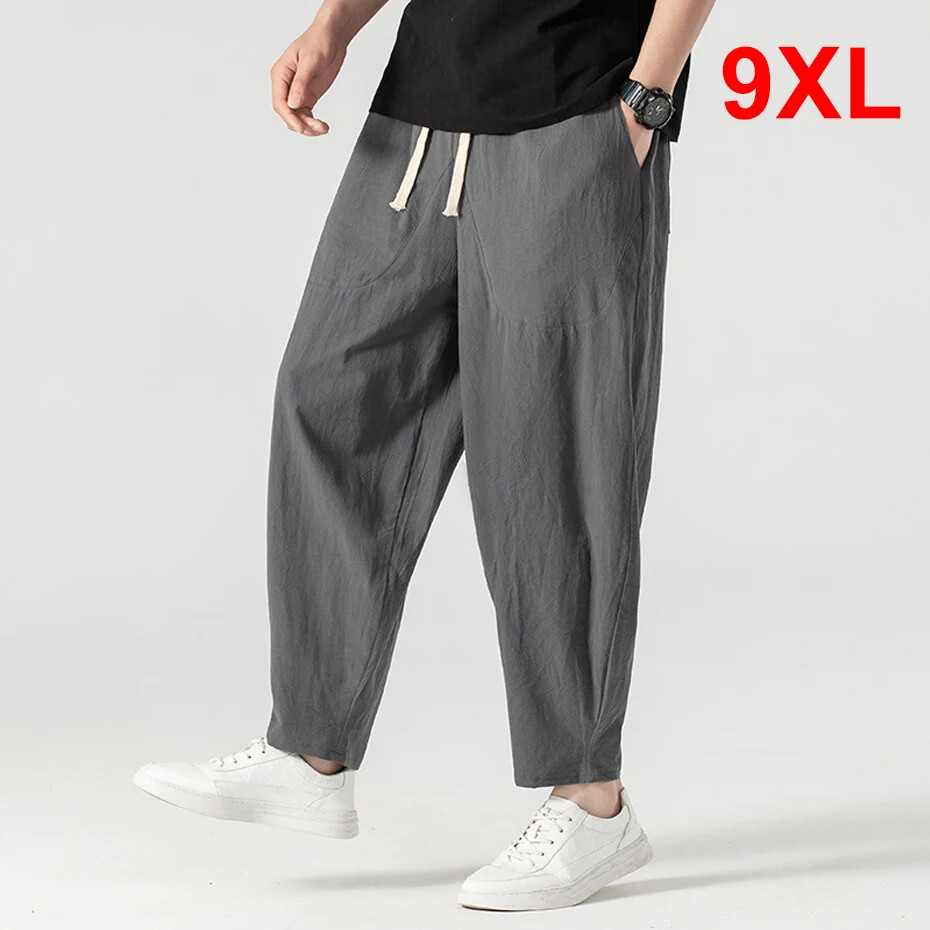 Breathable Men's Linen Baggy Pants Summer Ankle-Length Solid Color Bottoms