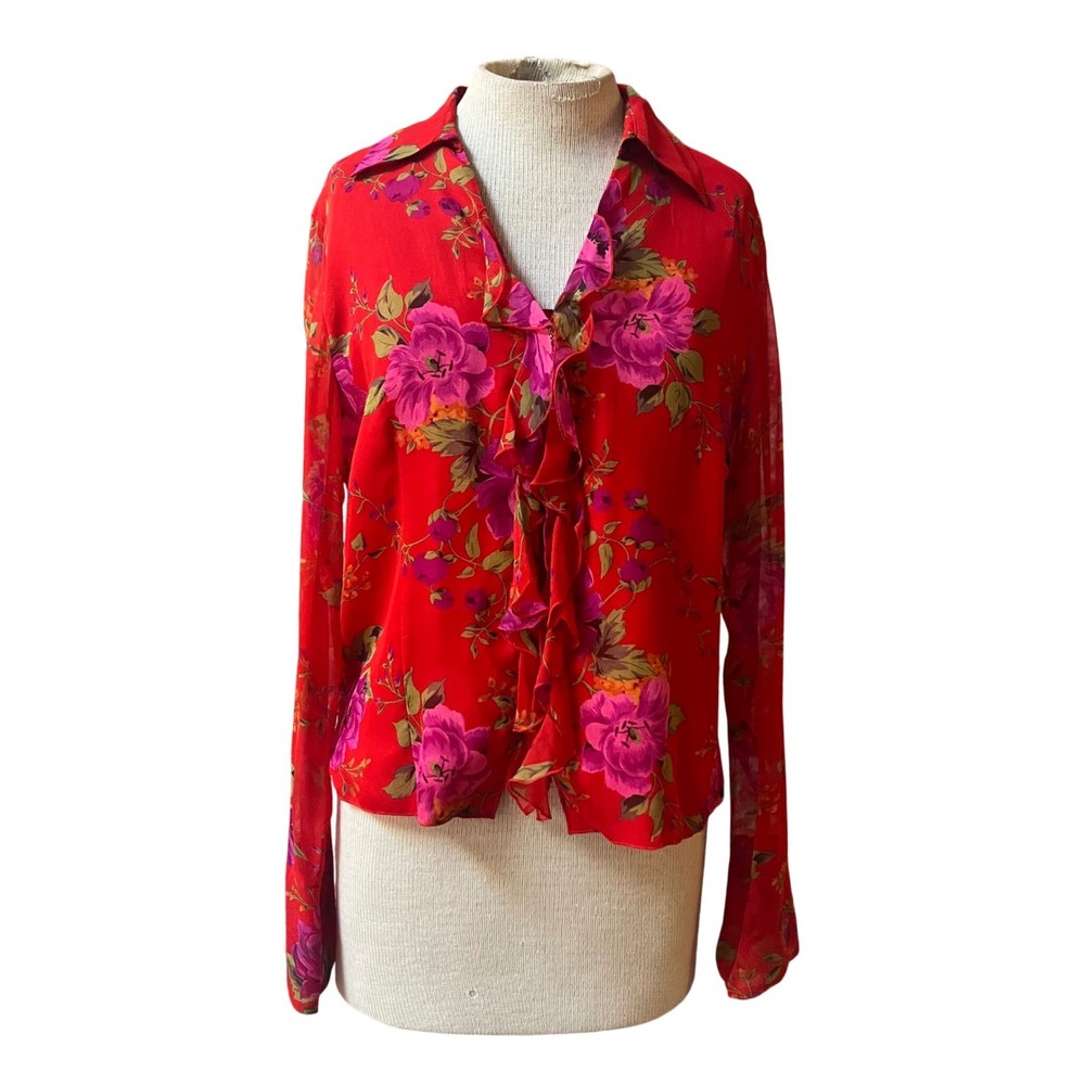 100% Silk Red Floral Ruffle Bell Sleeve V-Neck Blouse Top Boho Womens Large
