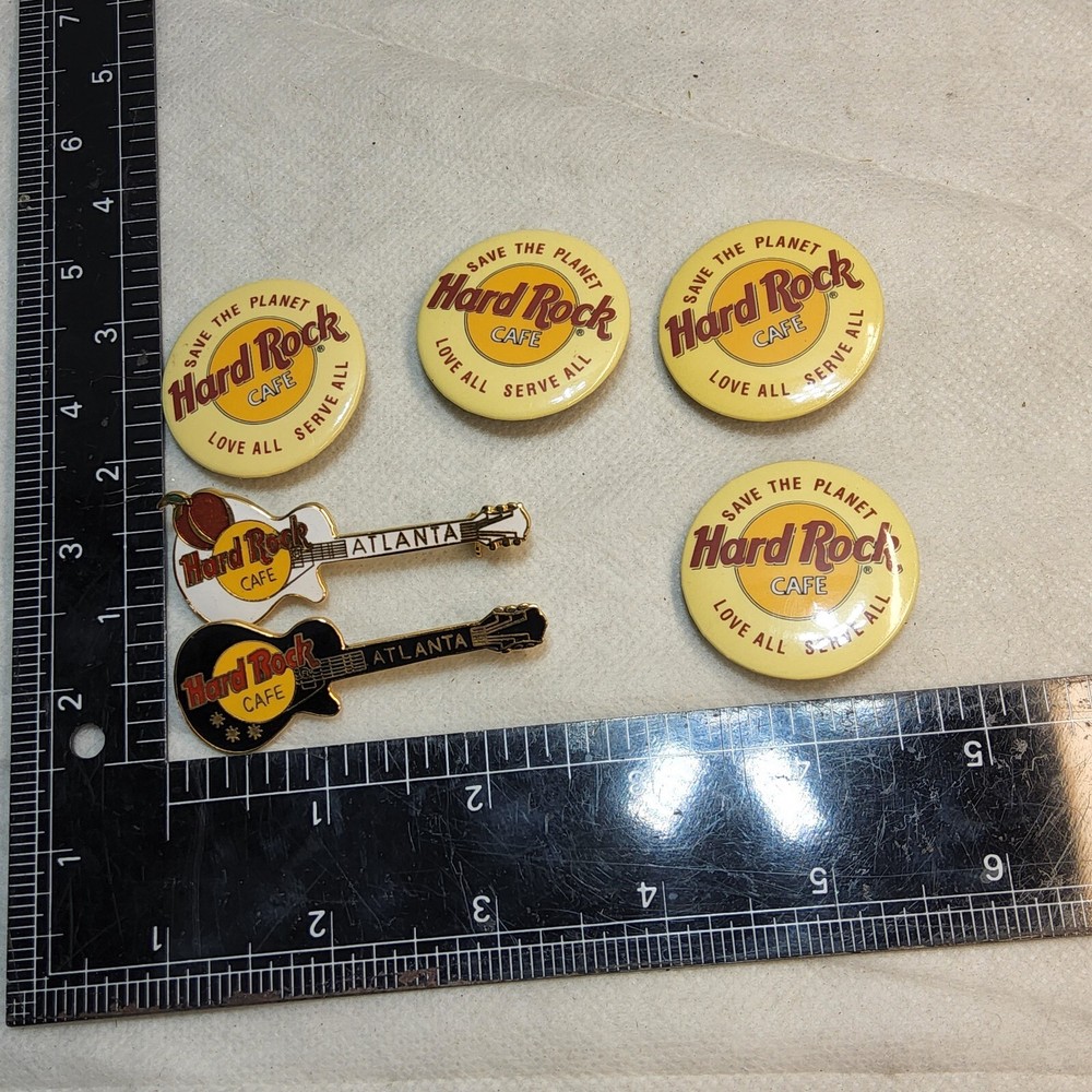 Lot of 6 VINTAGE HARD ROCK CAFE guitar les paul PINS BUTTONS atlanta love all