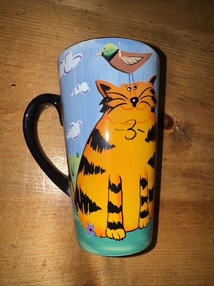 Naylor Designs Coffee Mug Cup 16 oz Capacity Hand Painted Whimsical Cat and Bird