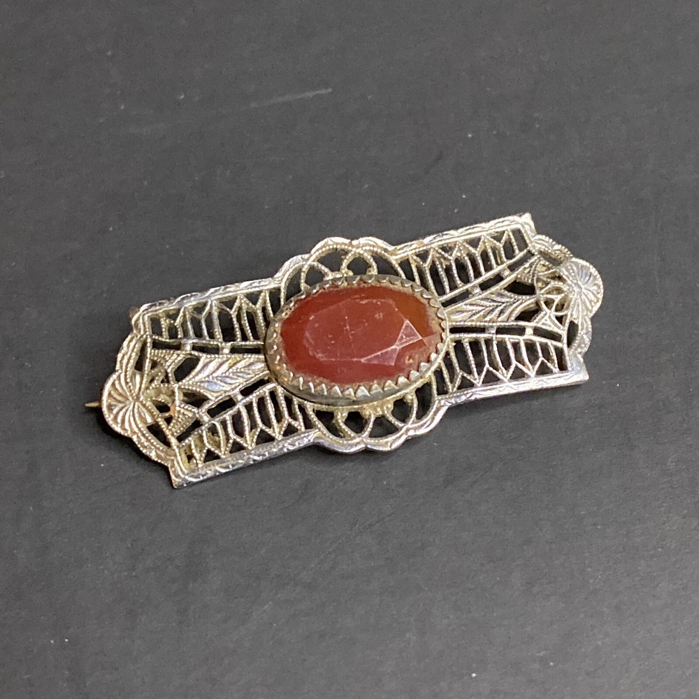 Antique Sterling Silver Filigree Brooch with Clear Crystal Glass Stones  