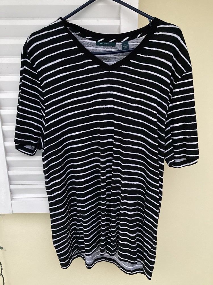 Perry Ellis Mens Shirt Black Stripe V Neck Short Sleeve Cotton Blend Size XL