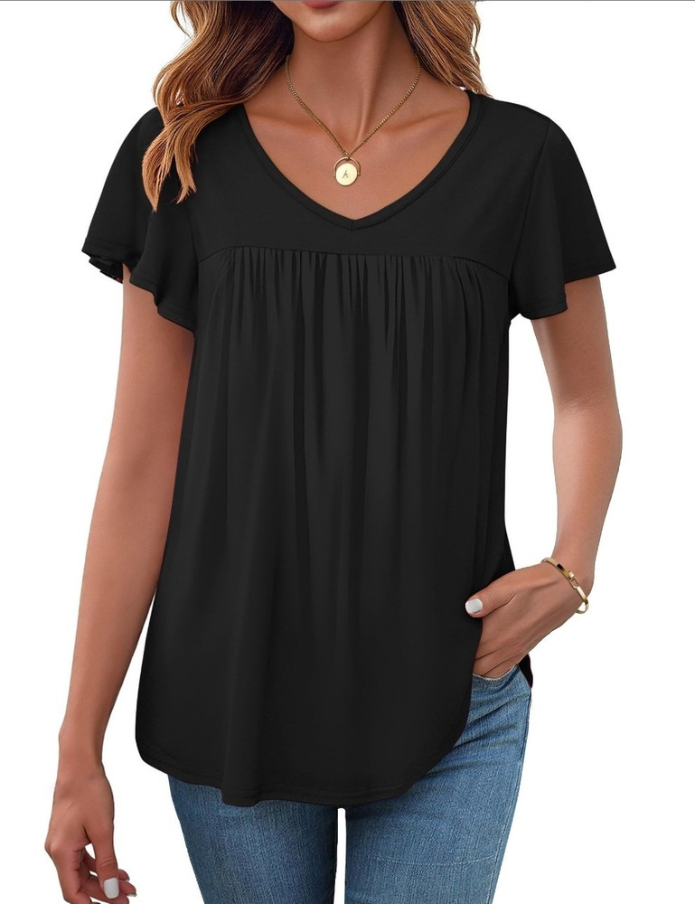 Black Pleated V-Neck Flutter Short Sleeve Tunic Women's Blouse XXL