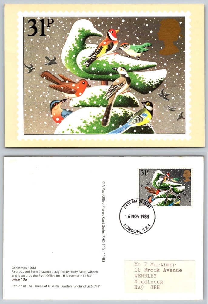 1983 Christmas Birds PHQ Postcard First Day Issue London FDC Tony Meeuwissen