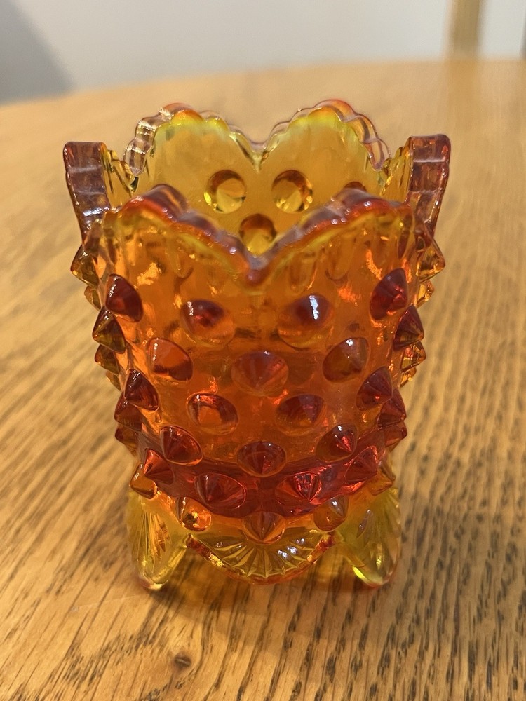 Vintage Fenton Orange Amberina Scalloped Edge Footed Hobnail Toothpick Holder