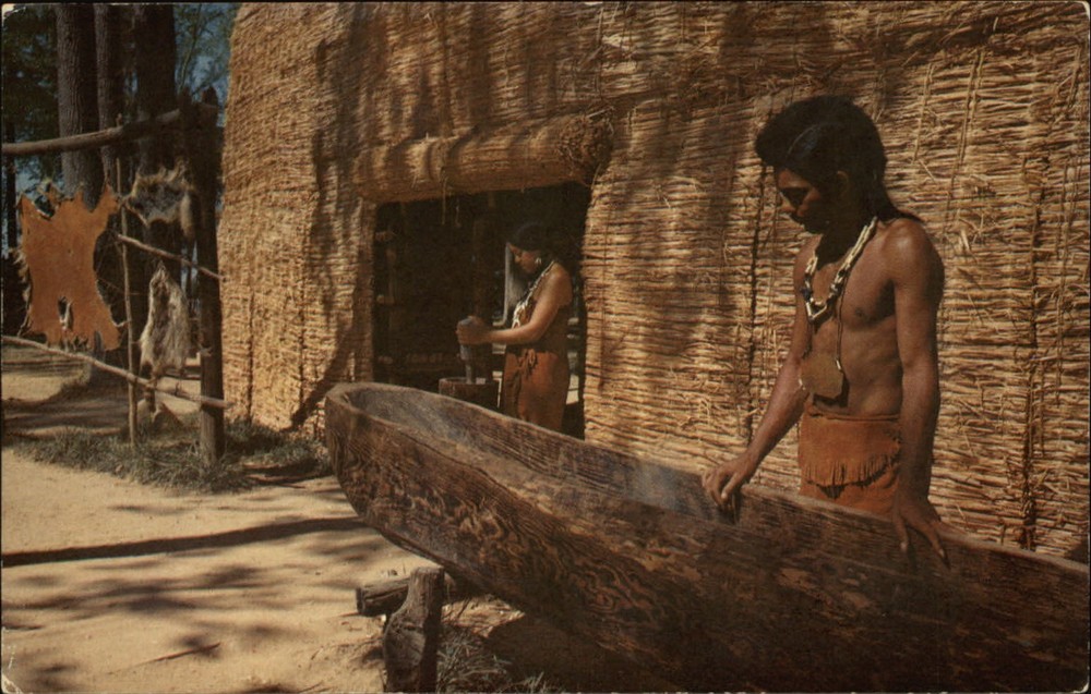 Jamestown Virginia replica Algonquin Indian long house dugout canoe postcard
