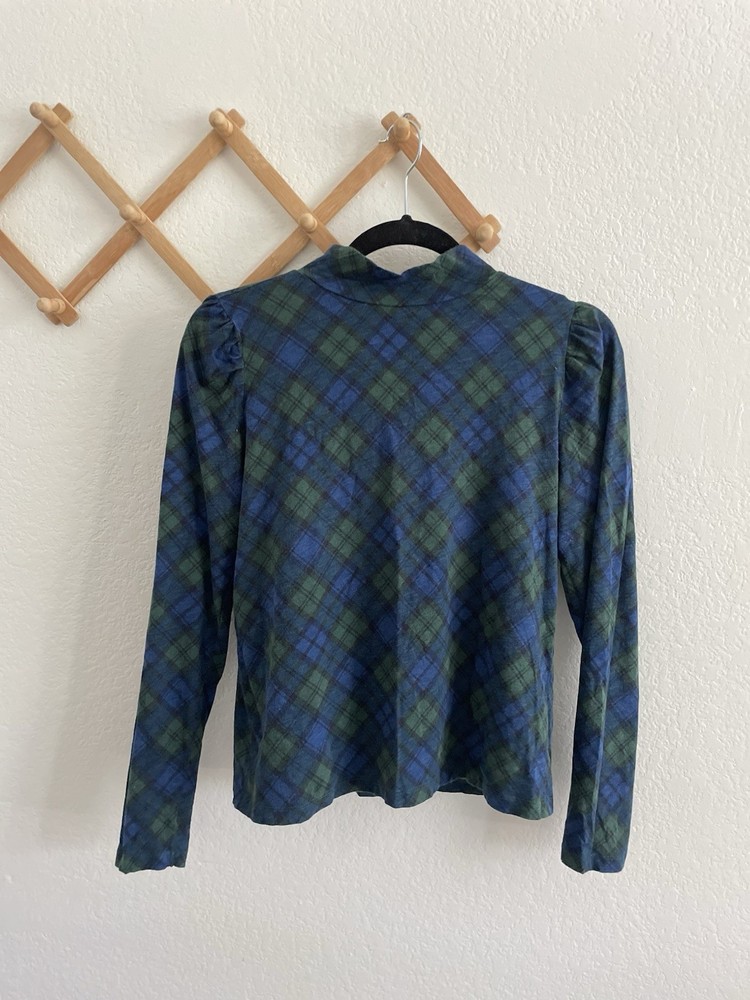LOFT Plaid Mock Neck Top Women’s M Blue Green Tartan Long Sleeve