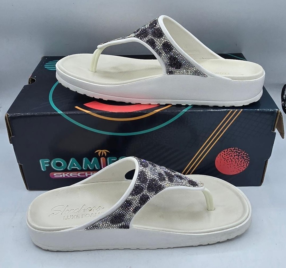 Skechers Luxe Foam Black/White Animal Print Thong Sandals Women's Sparkle Size 9