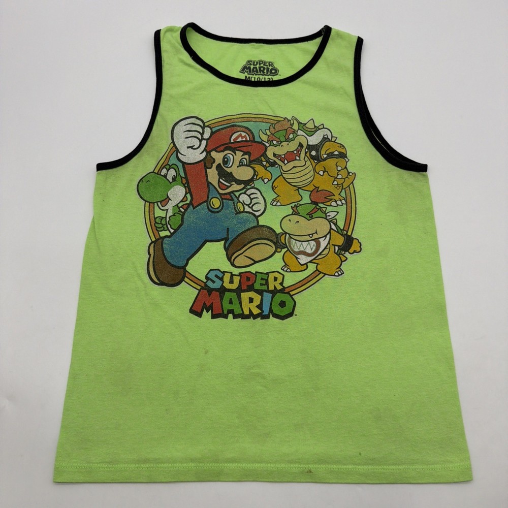 Super Mario Tank Top Youth Boys M 10-12Y Green Graphic Print Logo.#41001