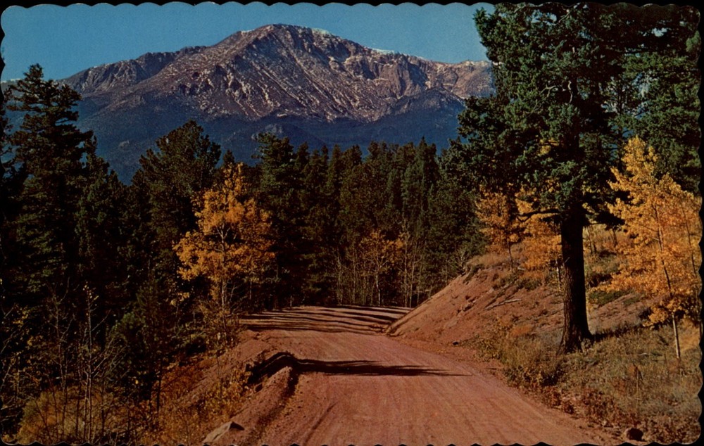 Pikes Peak Colorado from Rampart Range Road autumn leaves vintage postcard