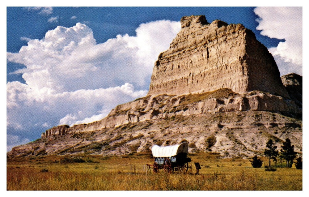 Gering Nebraska Scotts Bluff National Monument Conestoga Wagon Chrome Postcard