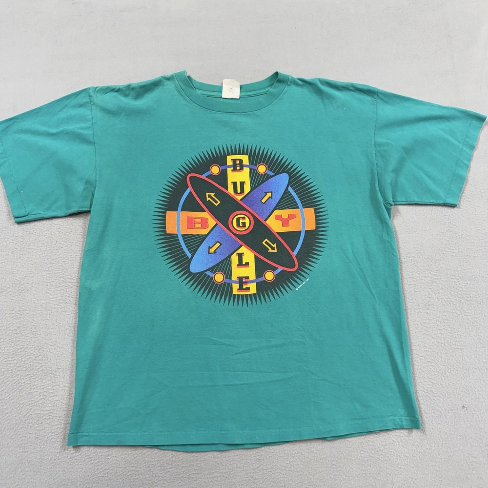 Vintage Bugle Boy Shirt Mens Large Green Abstract Logo Graphic 1992 USA 90s