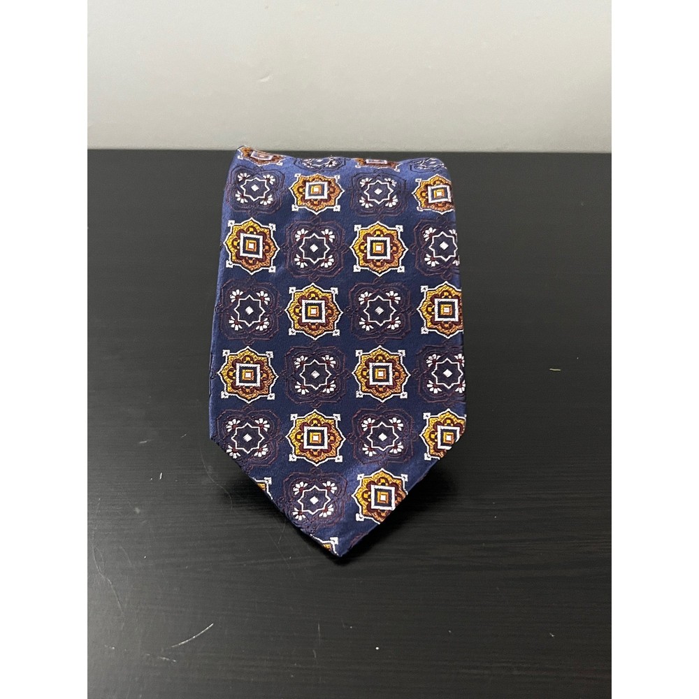 Canali Mens Navy Blue Gold Silk Geometric Medallion Necktie Made in Italy