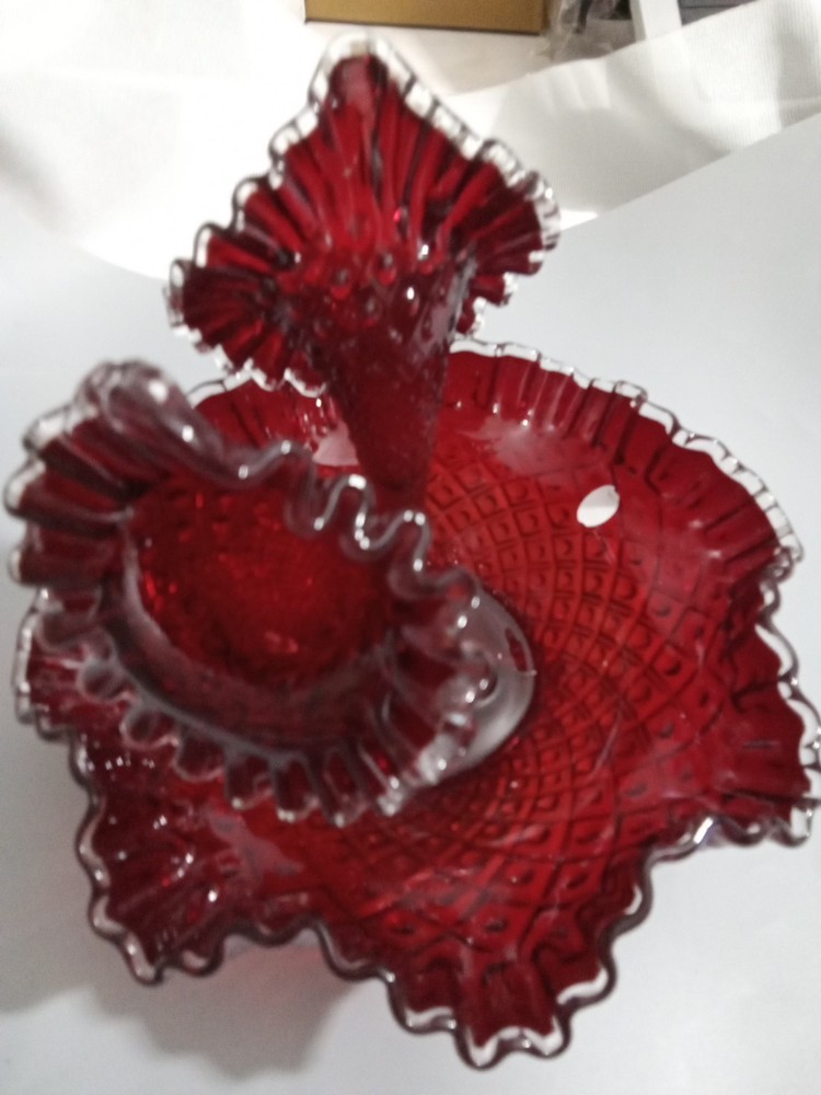 Replacement Pts For Fenton Red Iridescent Carnival Glass 3 Horn Diamond Epergne