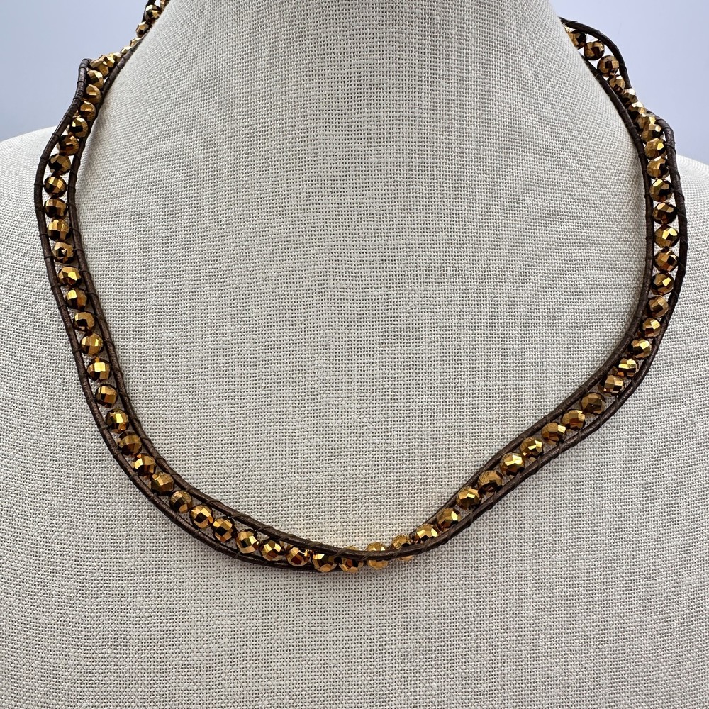 Vintage Y2K Boho Brown Cord Leather Wrap Necklace Gold Faceted Beaded Jewelry
