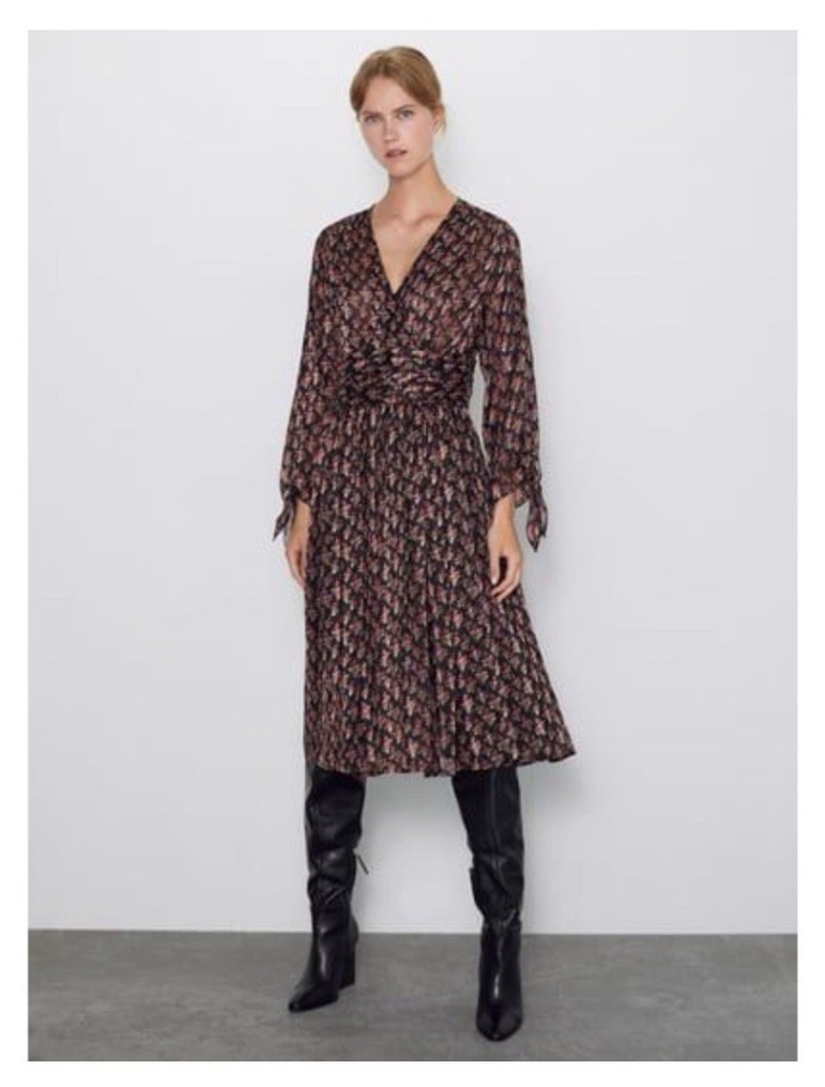 Zara Long Sleeve Floral Printed Midi Dress V Neck Pleated Red Black Medium