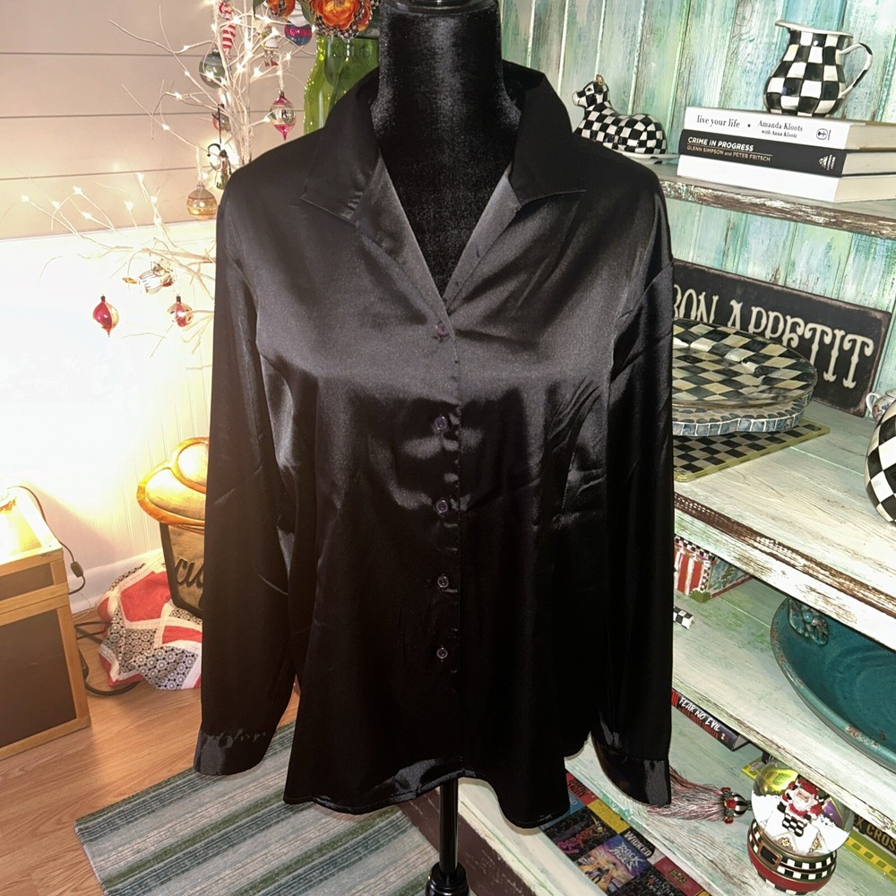 Impressions Black Satin Blouse Large Poly/Spandex