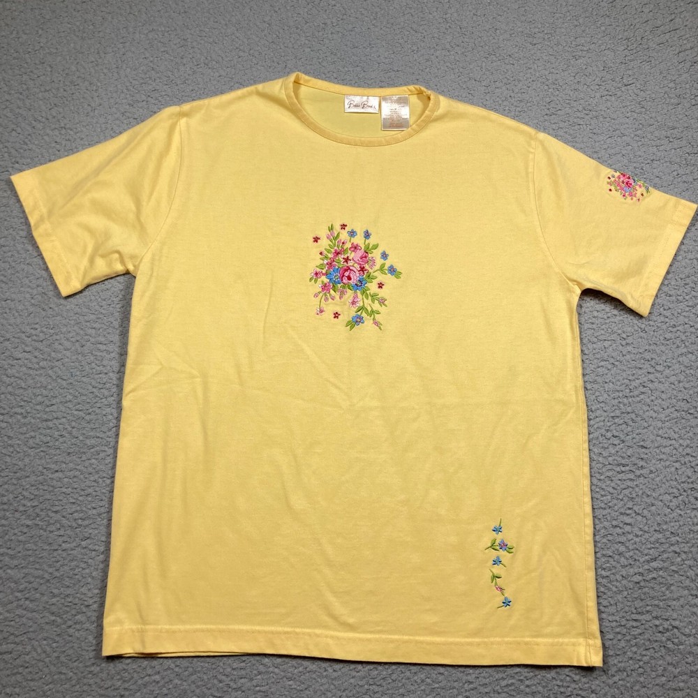 VTG Bobbie Brooks T Shirt Women's Medium Yellow Embroidered Top Grandma Core