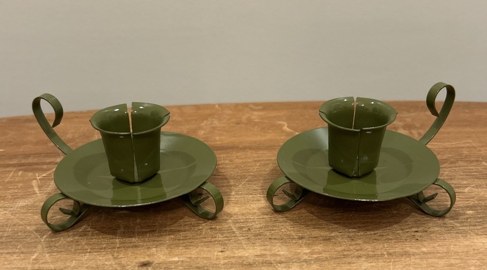 Vintage Mid Century Painted Green Retro Metal Candle Holders Made In Japan