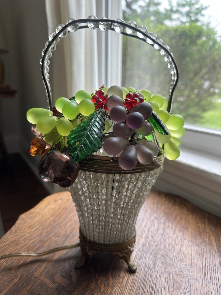 Vintage Czech Glass Fruit Basket Lamp Art Deco Beaded Table Lamp Working