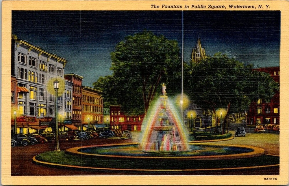 Watertown NY Public Square Fountain Night Linen Postcard Curteich