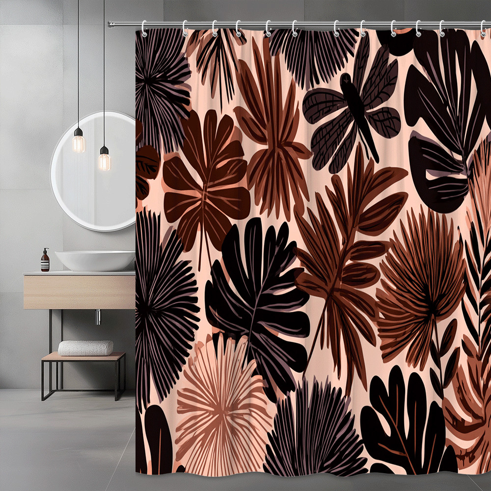 Tropical Leaf Print Shower Curtain Black Brown Pink