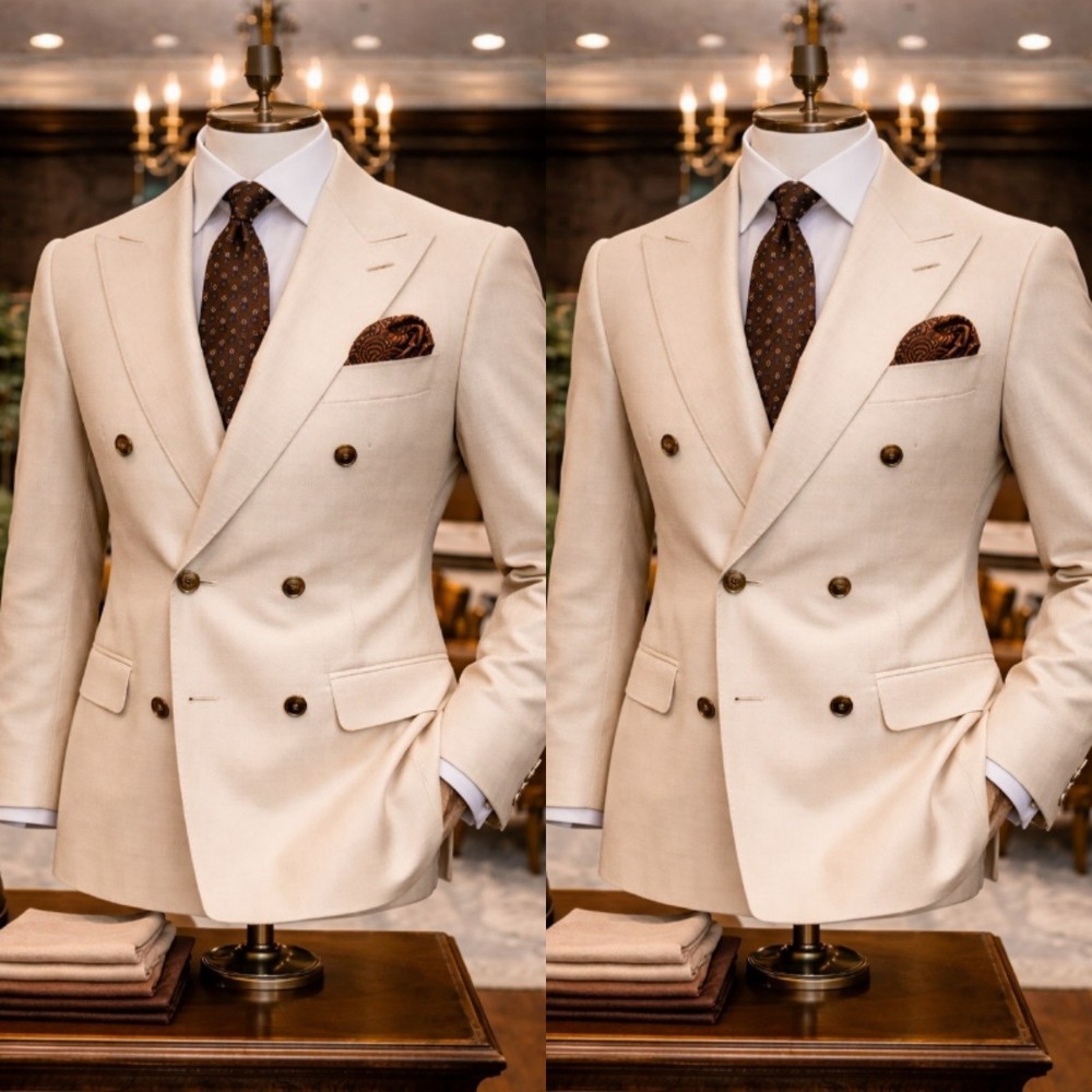 Khaki Men's Suit Peak Lapel Business Formal 2Pcs Double Breasted Tuxedo Jacket