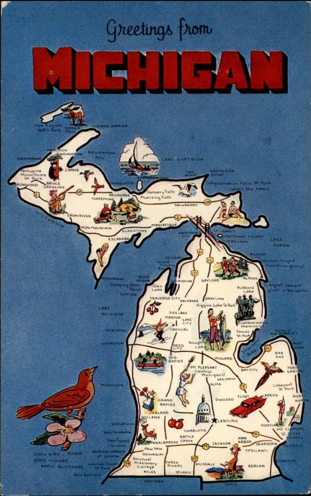 Michigan Greetings from Map upper lower peninsulas ~ 1950-60s postcard  ~ s9973