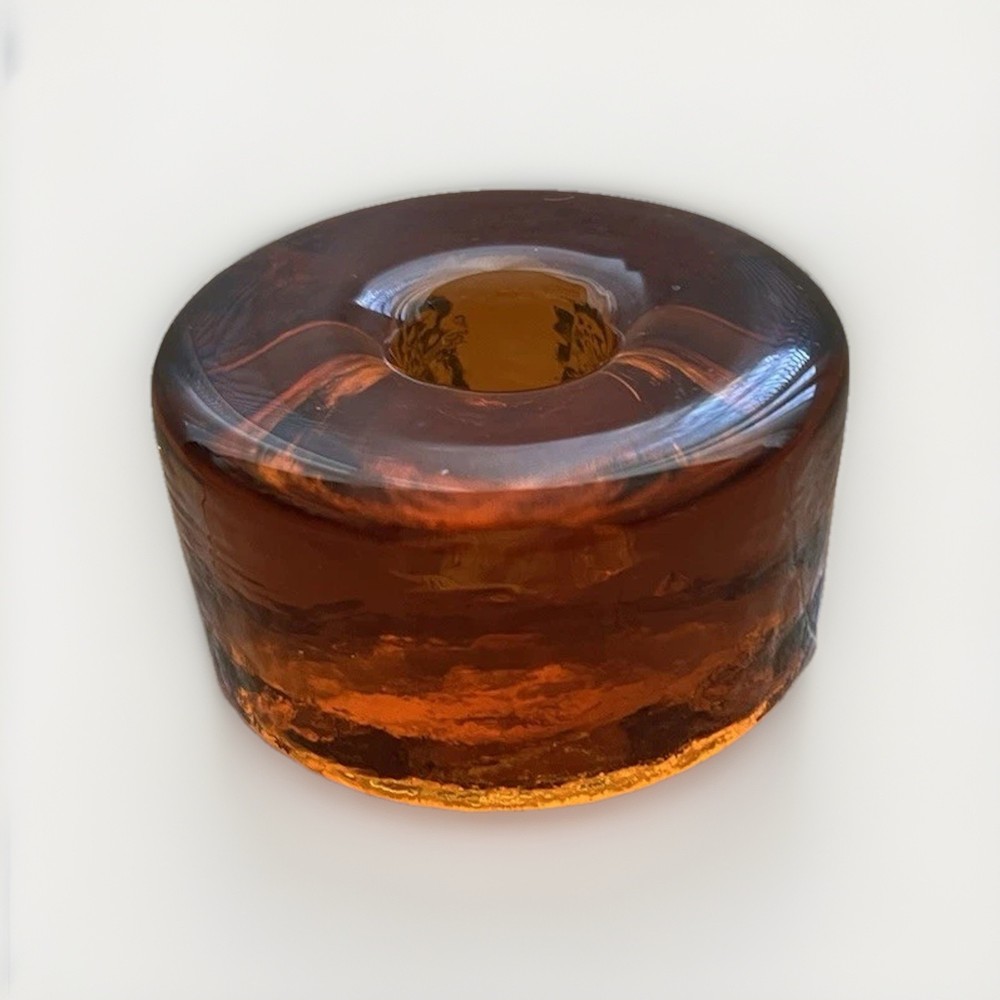 Amber Glass Candle Holder VTG MCM Taper Pillar Crystal Orange 70s Abstract Art