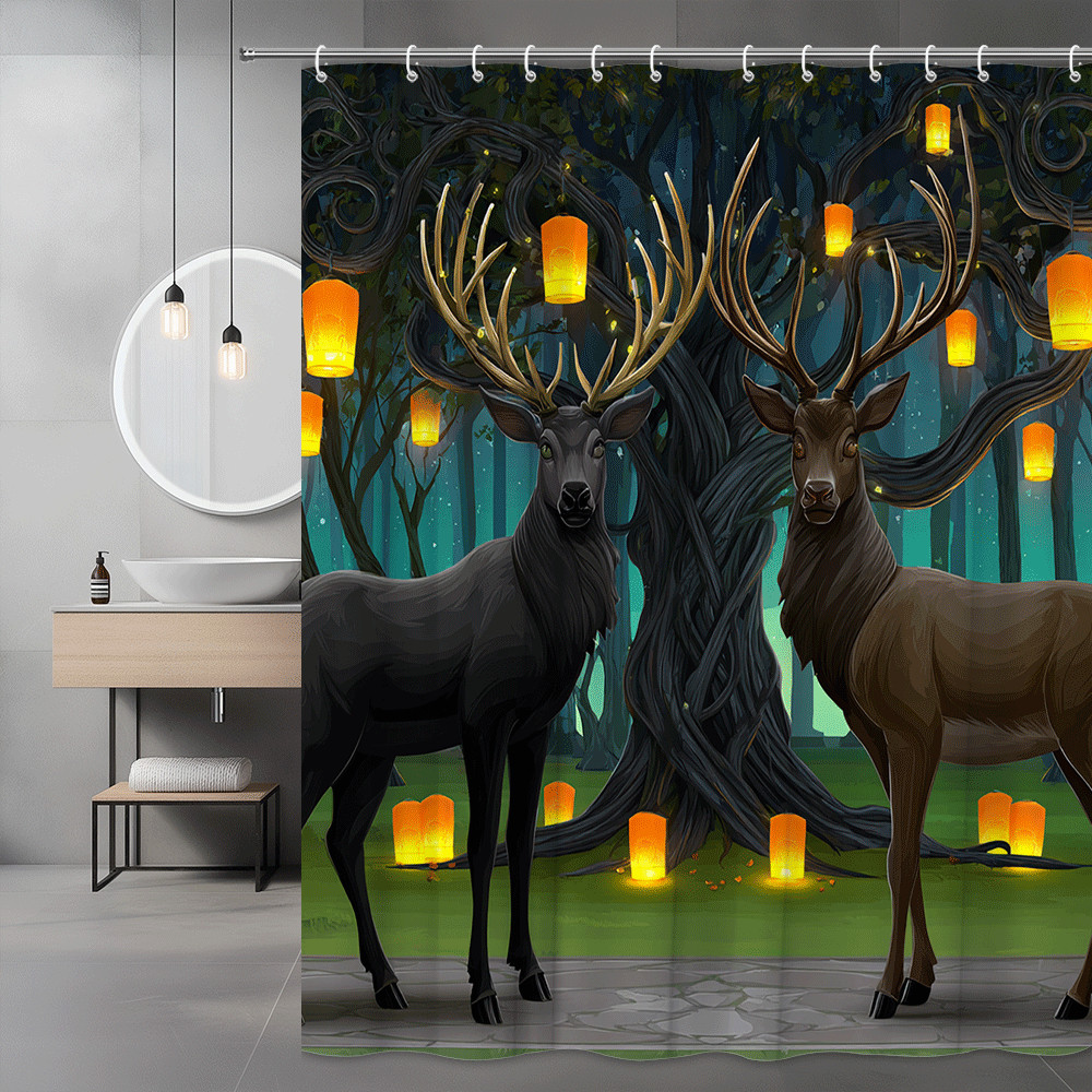 Deer Shower Curtain Forest Lanterns Night Scene
