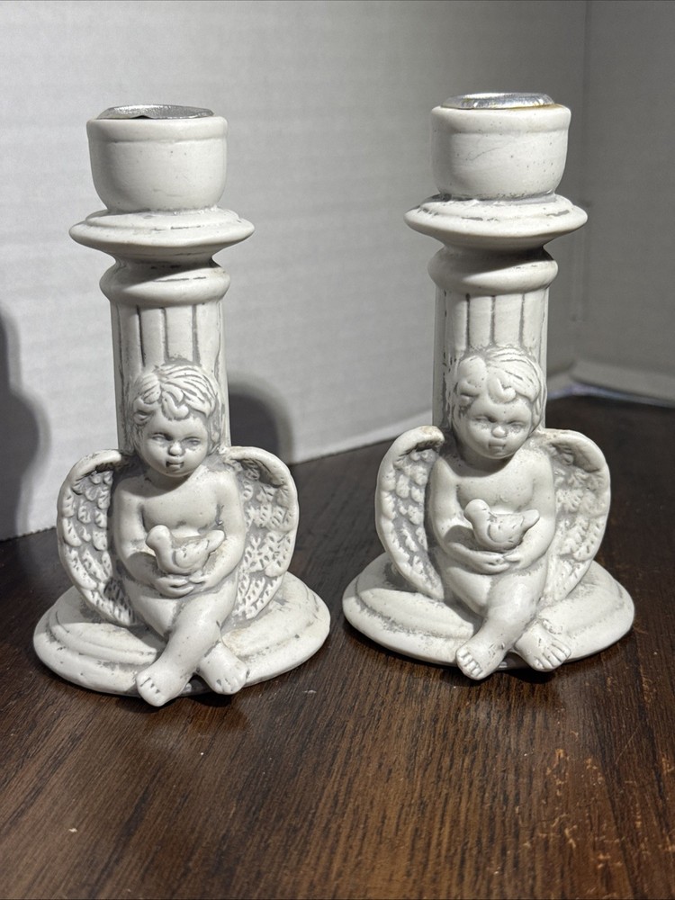 Set Of 2 Vintage Ceramic Angel Cherub Pair Candle Holders
