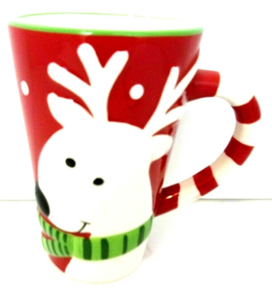 Home Accents Ceramic Coffee Mug Red White Green Reindeer Handle Candy Cane