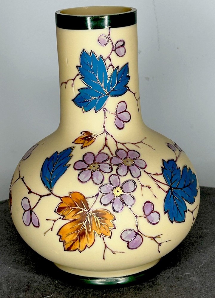 Vintage Art Nouveau Handblown Bohemian Gold Enameling Custard Glass Vase
