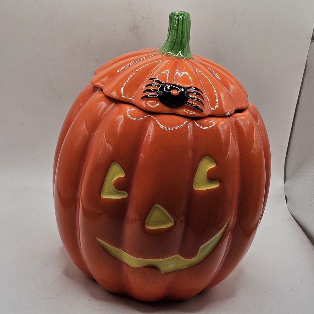 Halloween Pumpkin Candy Cookie Jar Ceramic Jack O Lantern Kitsch Hallmark VTG 7