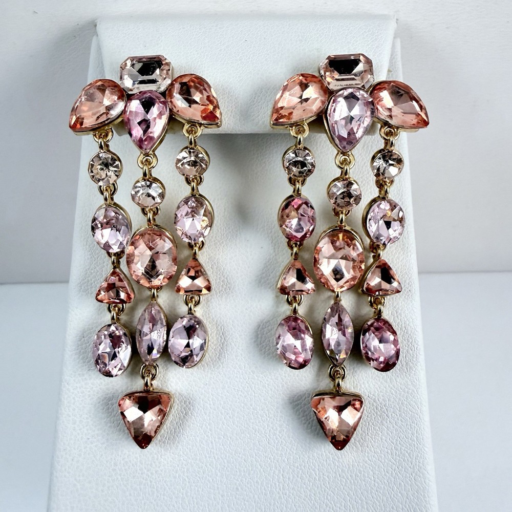Vintage 90s to More Modern Pink Rhinestone Long Gold Tone Pierced Earrings